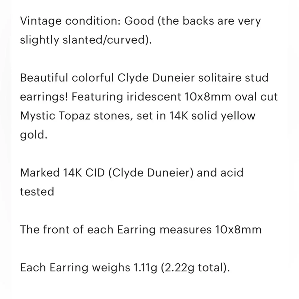 Mystic Topaz 14K Gold Stud Earrings: Clyde Duneier Vintage Solitaire - Picture 7 of 7